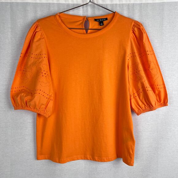NEW J. Crew Top Puff Sleeve Eyelet Orange Resort Beachy Vacation Cruise Summer - Picture 1 of 6